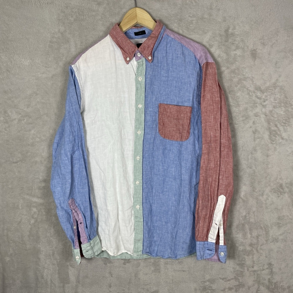 J Crew Shirt Mens L Multicolor Colorblock Baird McNutt Linen Button Down LS Slim